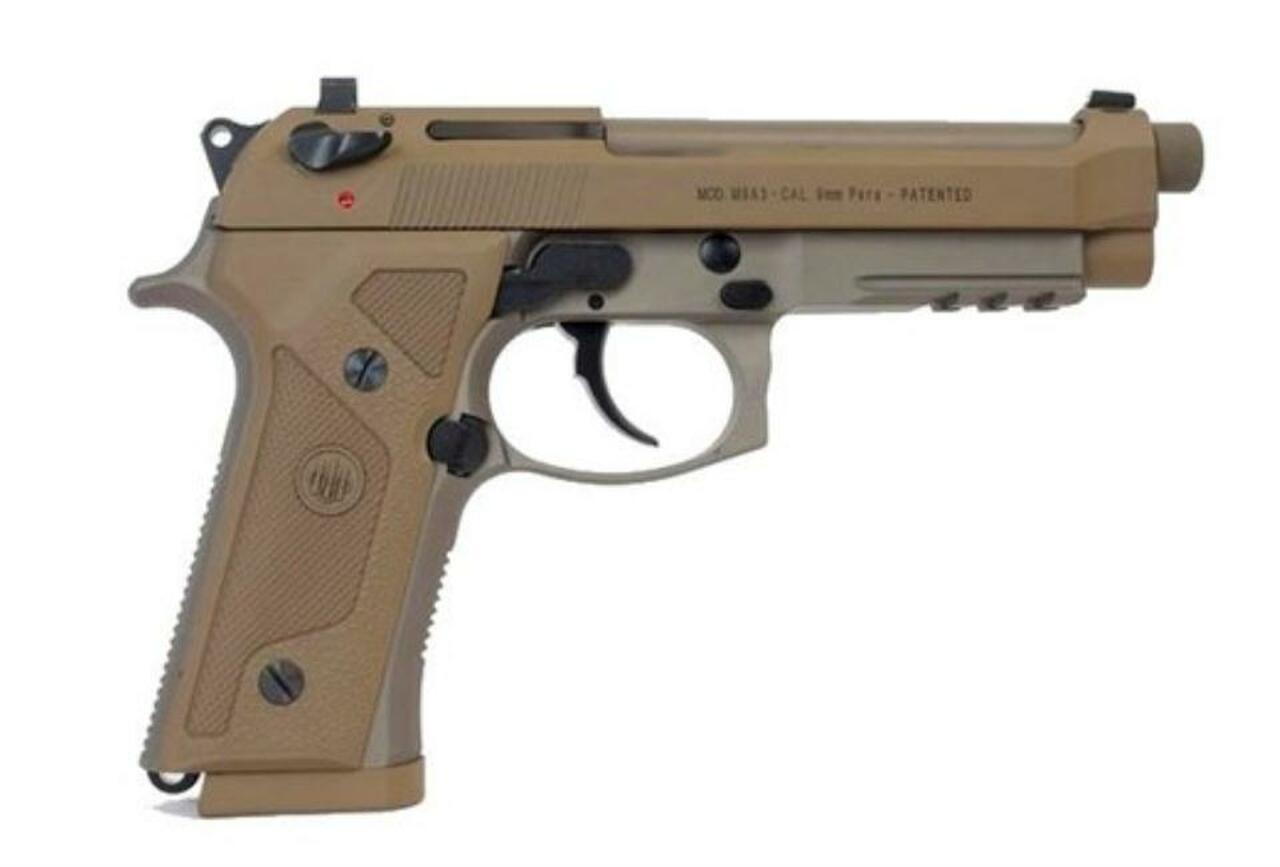 Beretta, M9A3, Semi-automatic Pistol, 9MM, 5.2″ Threaded Barrel, Alloy Frame, Flat Dark Earth, Tritium Night Sights, Ambidextrous Safety, 3 Magazines, 17 Rounds, w/ Rail